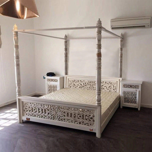 Wooden Handicraft Carved Mango Wood Poster Bed Queen Size (Antique White Finish) - WoodenTwist