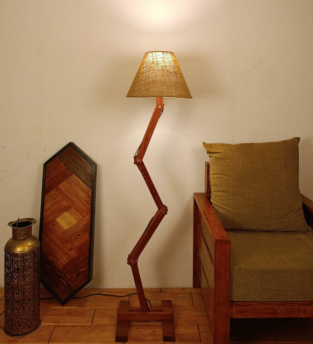Flex Wooden Floor Lamp with Brown Base and Beige Fabric Lampshade - WoodenTwist