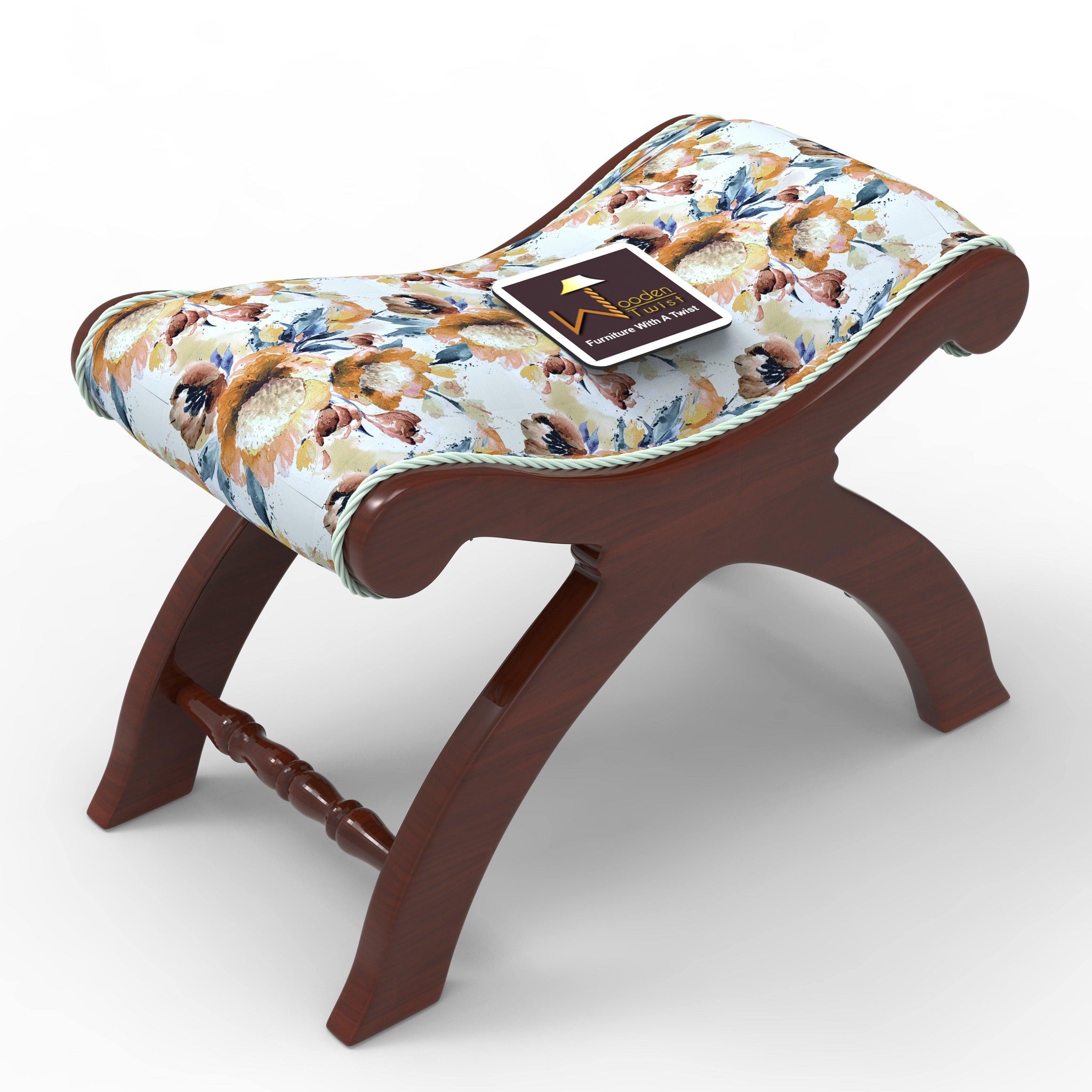 Sheesham Wood Stool/Foot Rest in Fabric - WoodenTwist