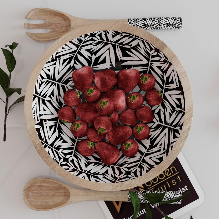 Wooden Bowl for Salad, Fruits, Cereal or Pasta, with 1 Spoon And 1 Fork (Black & White) - WoodenTwist