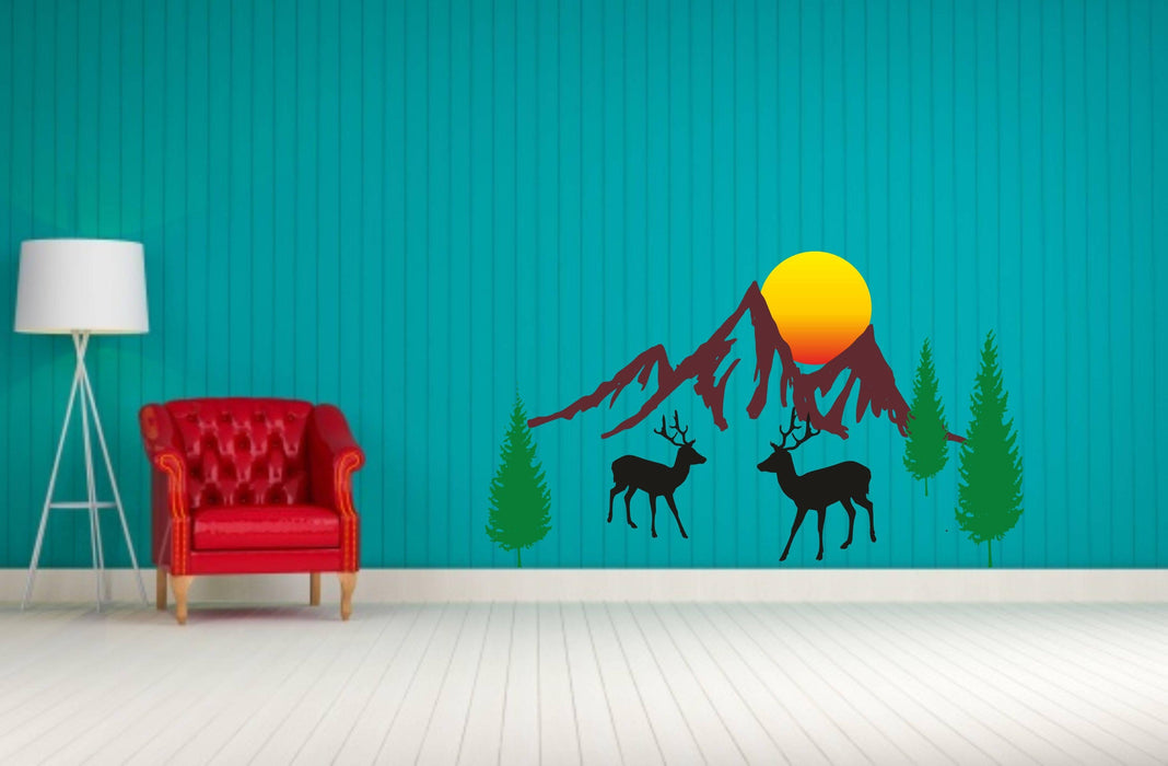Mountain View With Dear Decorative Wall Sticker - WoodenTwist