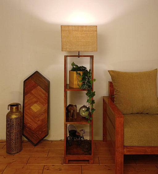 Genevieve Wooden Floor Lamp with Brown Base and Jute Fabric Lampshade - WoodenTwist