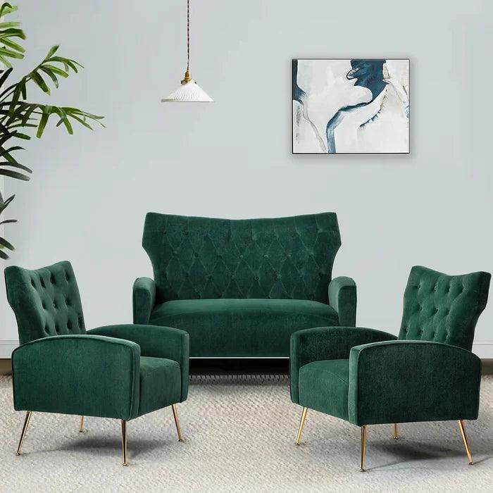 Wooden Square Arm Loveseat Wing Back Chair Set 2+1+1 (Metal Legs) - WoodenTwist