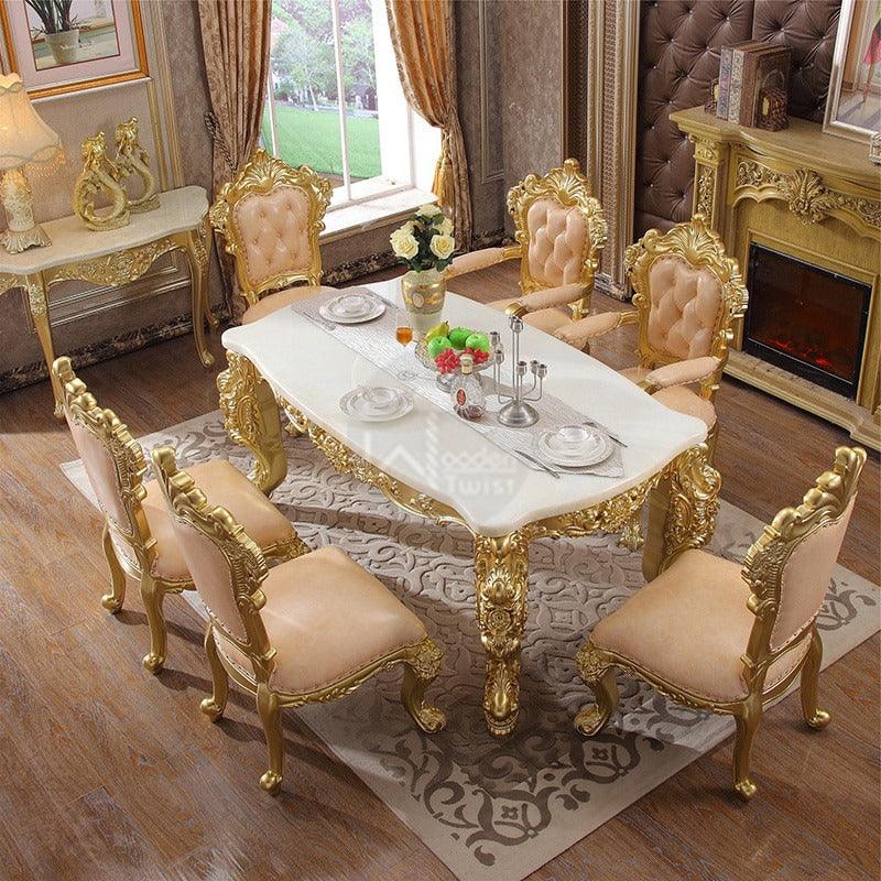 Royal Antique Teak Wood 6 Seater Dining Table Set (Golden) - WoodenTwist