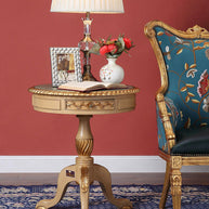 Luxury Modern Wooden Round Table Hand Carved Corner Side Table (With 2 Drawers) - WoodenTwist