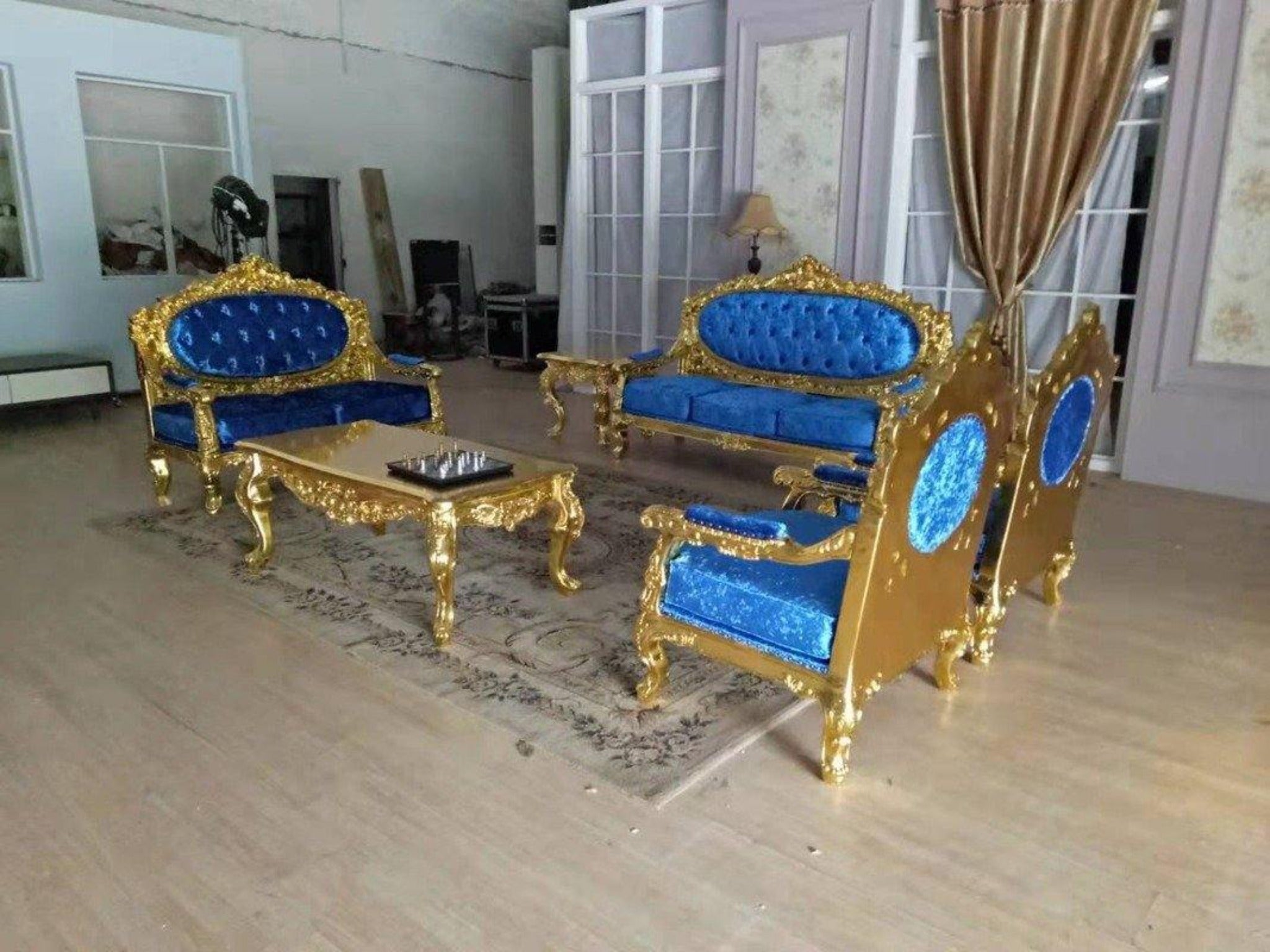 Blue Velvet Royal Antique Gold Carved Sofa Set - WoodenTwist