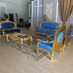 Blue Velvet Royal Antique Gold Carved Sofa Set - WoodenTwist
