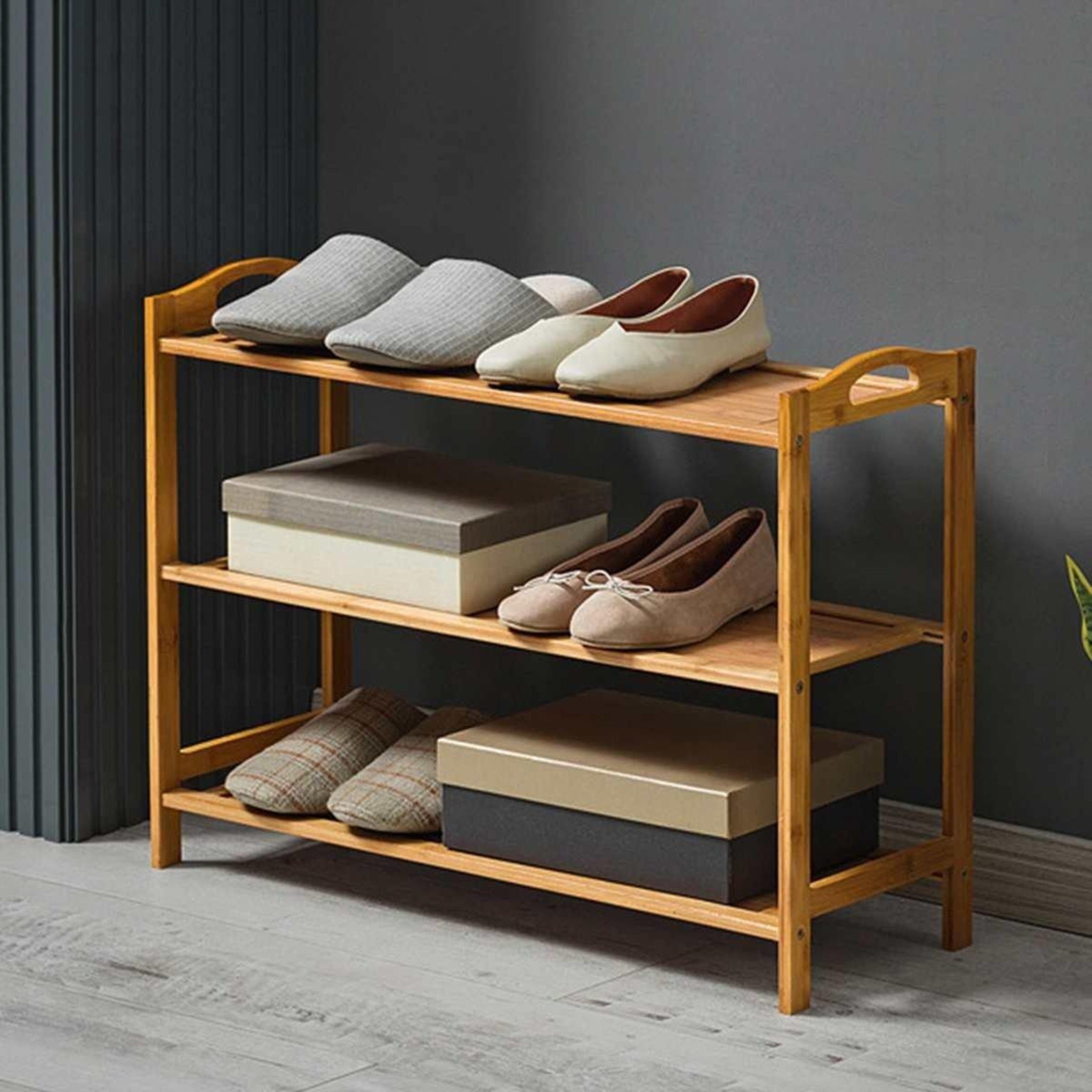 Shoe Rack Bench, 3-Tier Shoe Organizer in Bamboo Wood - WoodenTwist