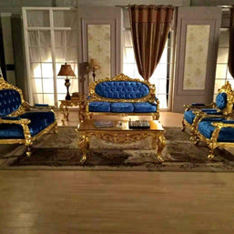 Blue Velvet Royal Antique Gold Carved Sofa Set - WoodenTwist