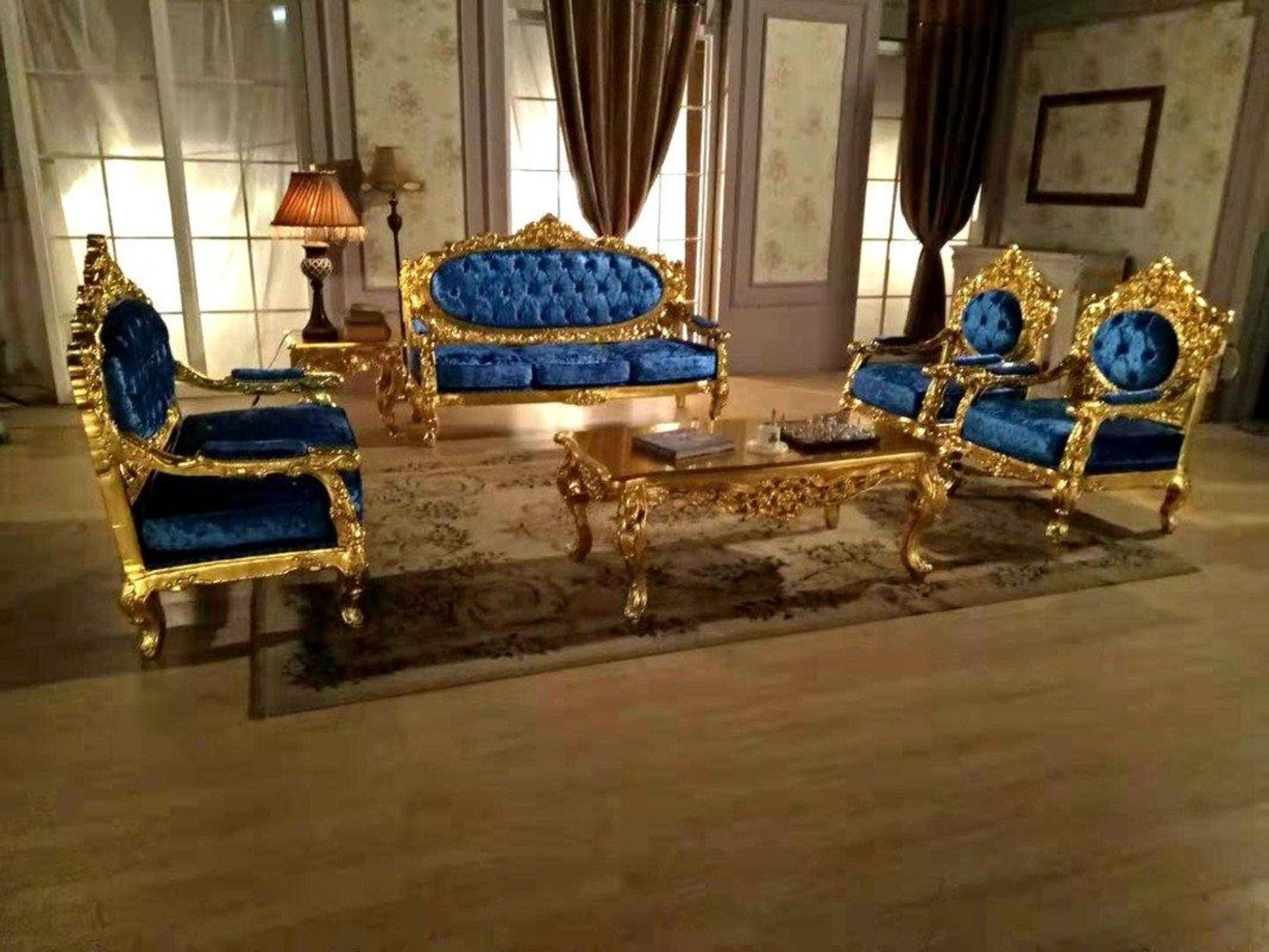 Blue Velvet Royal Antique Gold Carved Sofa Set - WoodenTwist