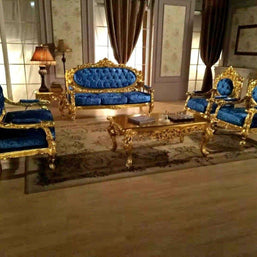 Blue Velvet Royal Antique Gold Carved Sofa Set - WoodenTwist