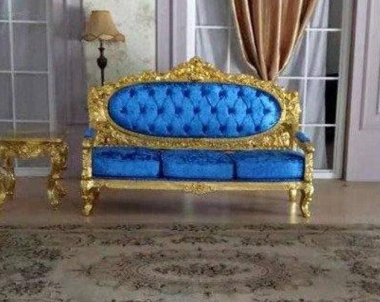 Blue Velvet Royal Antique Gold Carved Sofa Set - WoodenTwist