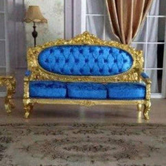 Blue Velvet Royal Antique Gold Carved Sofa Set - WoodenTwist