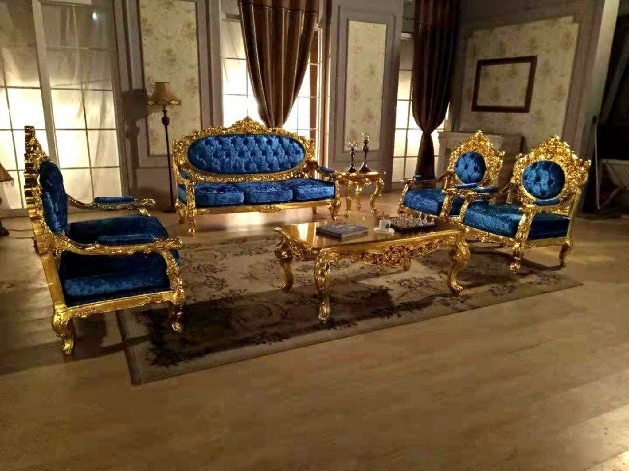 Blue Velvet Royal Antique Gold Carved Sofa Set - WoodenTwist