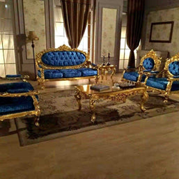 Blue Velvet Royal Antique Gold Carved Sofa Set - WoodenTwist