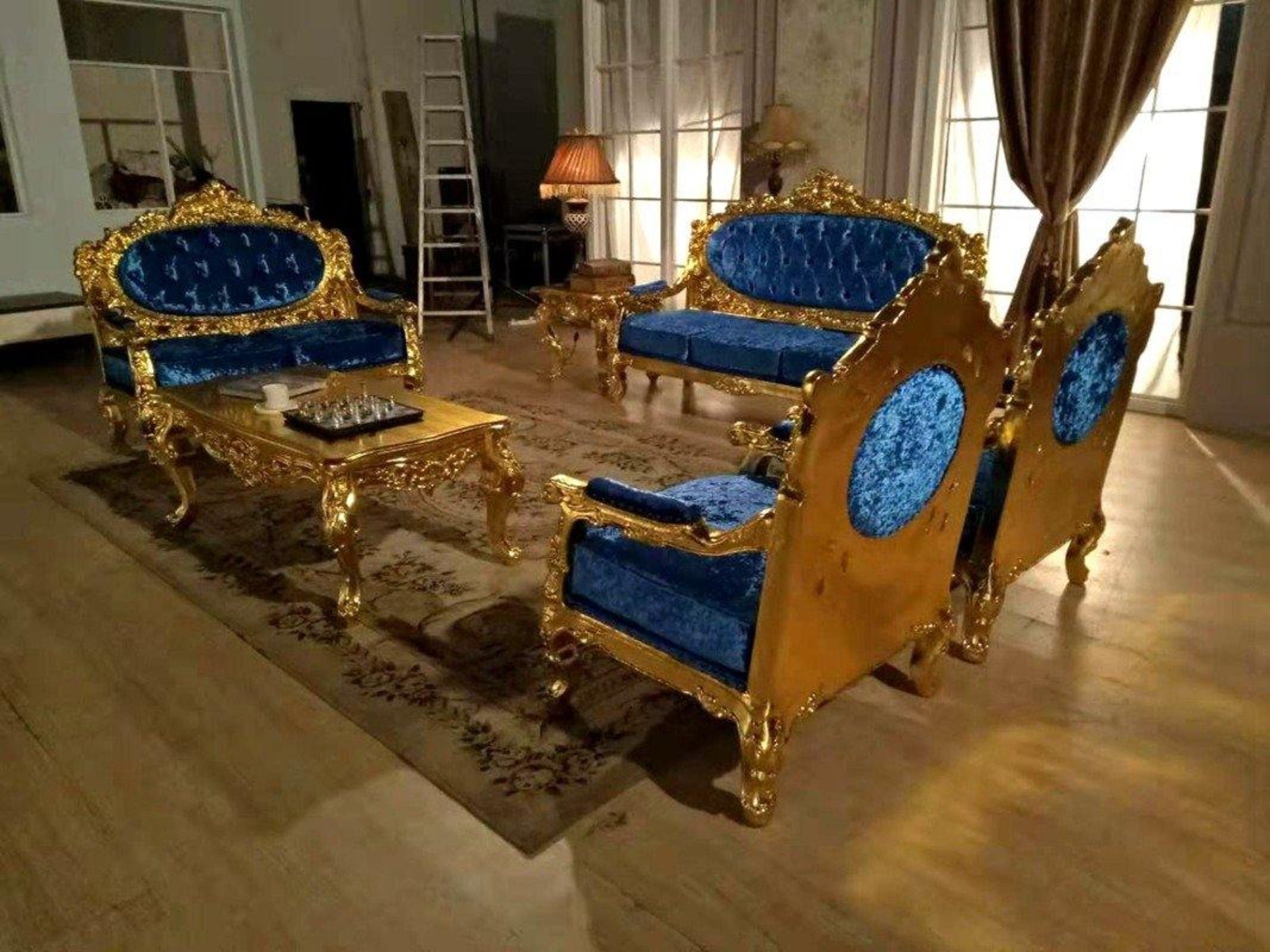 Blue Velvet Royal Antique Gold Carved Sofa Set - WoodenTwist