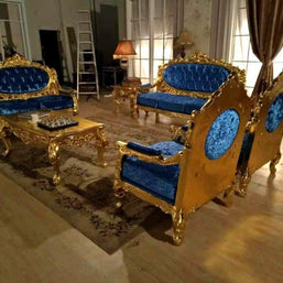 Blue Velvet Royal Antique Gold Carved Sofa Set - WoodenTwist