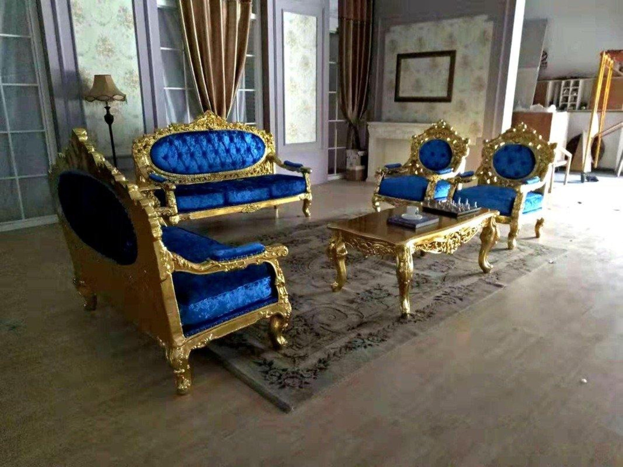 Blue Velvet Royal Antique Gold Carved Sofa Set - WoodenTwist