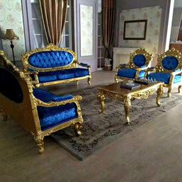 Blue Velvet Royal Antique Gold Carved Sofa Set - WoodenTwist