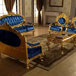 Blue Velvet Royal Antique Gold Carved Sofa Set - WoodenTwist