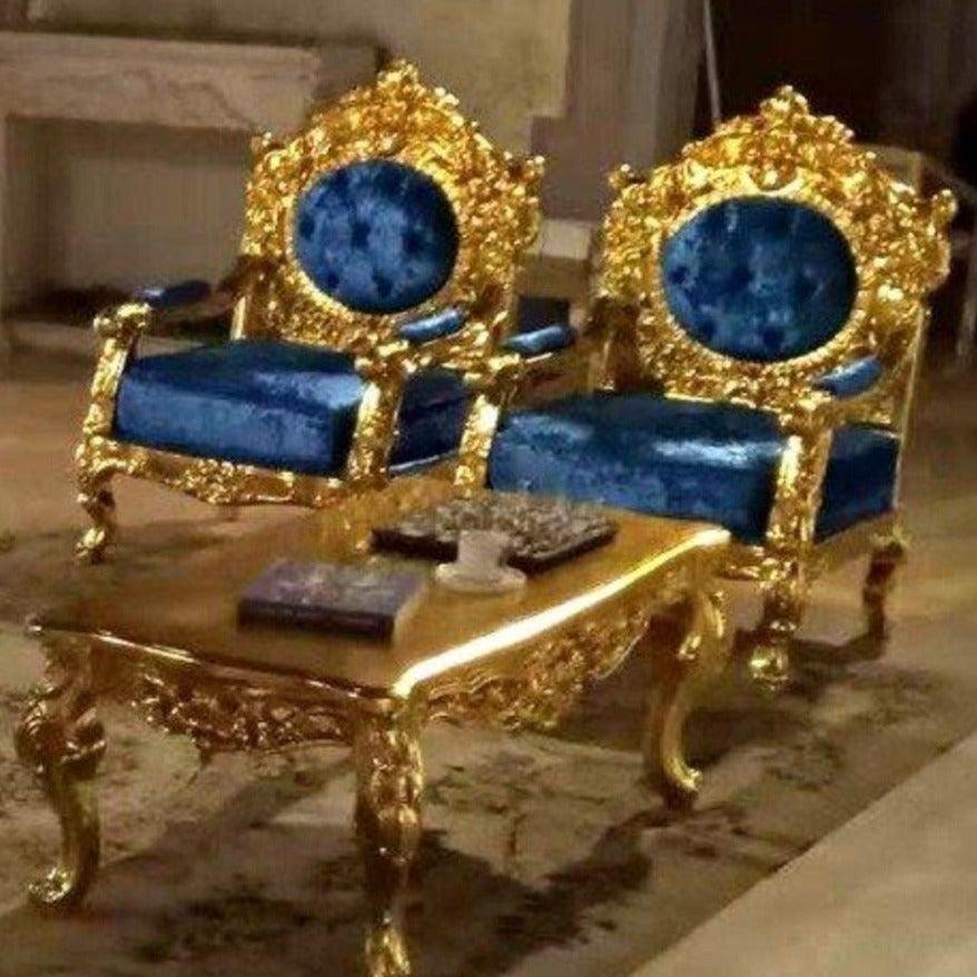 Blue Velvet Royal Antique Gold Carved Sofa Set - WoodenTwist