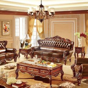 Royal Antique Brown Wood Living Room Carved Sofa Set - WoodenTwist