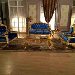 Blue Velvet Royal Antique Gold Carved Sofa Set - WoodenTwist
