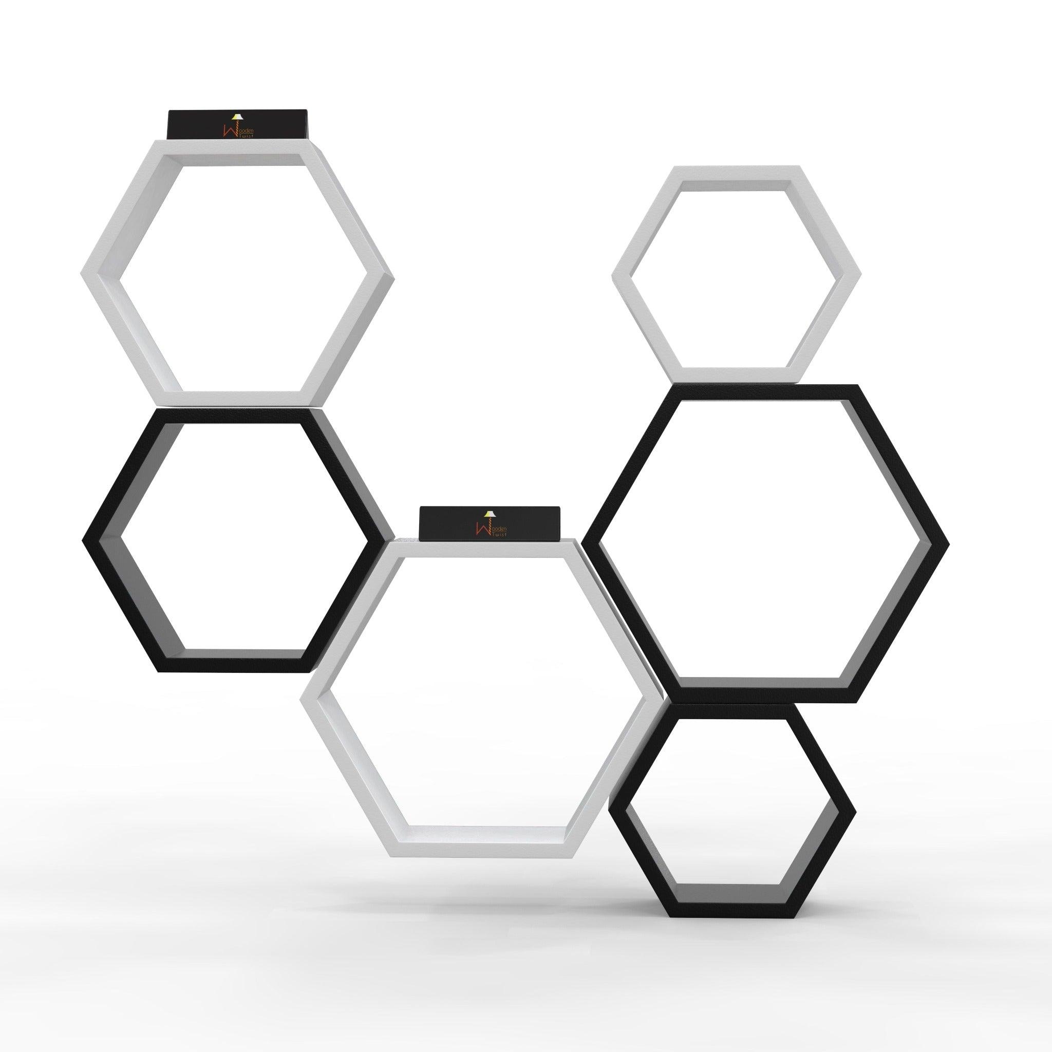 Hexagonal Shape Wooden Floating Wall Shelves (Set of 6) - WoodenTwist