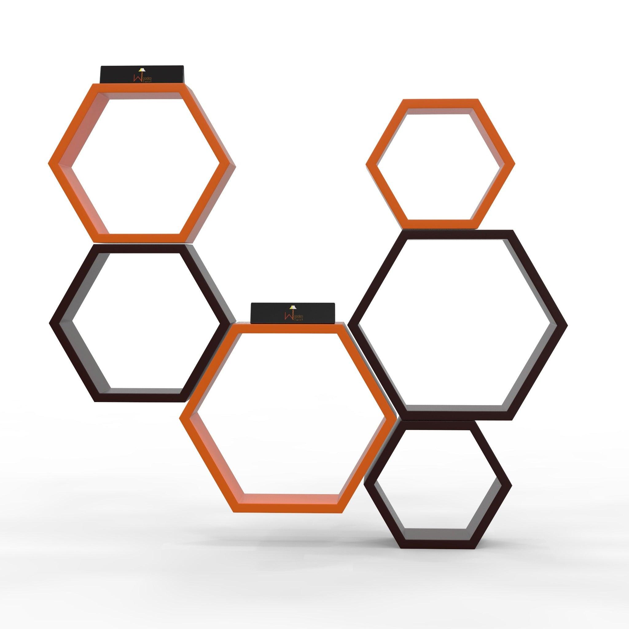 Hexagonal Shape Wooden Floating Wall Shelves (Set of 6) - WoodenTwist