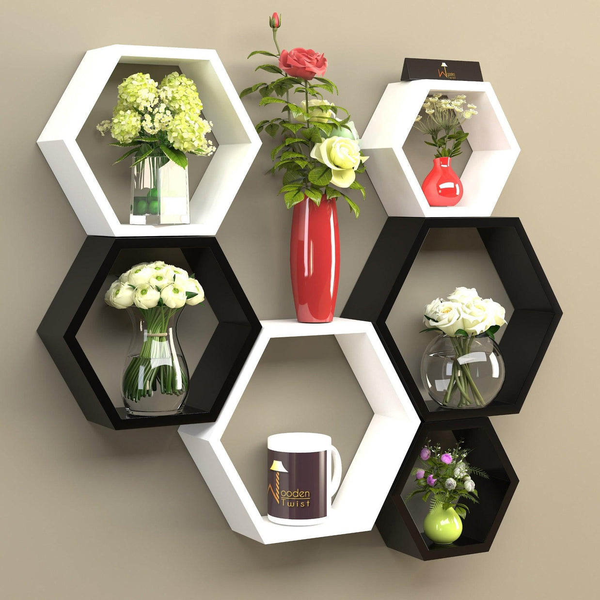 Hexagonal Shape Wooden Floating Wall Shelves (Set of 6) - WoodenTwist