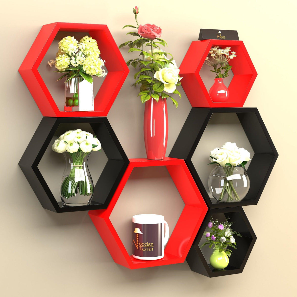 Hexagonal Shape Wooden Floating Wall Shelves (Set of 6) - WoodenTwist