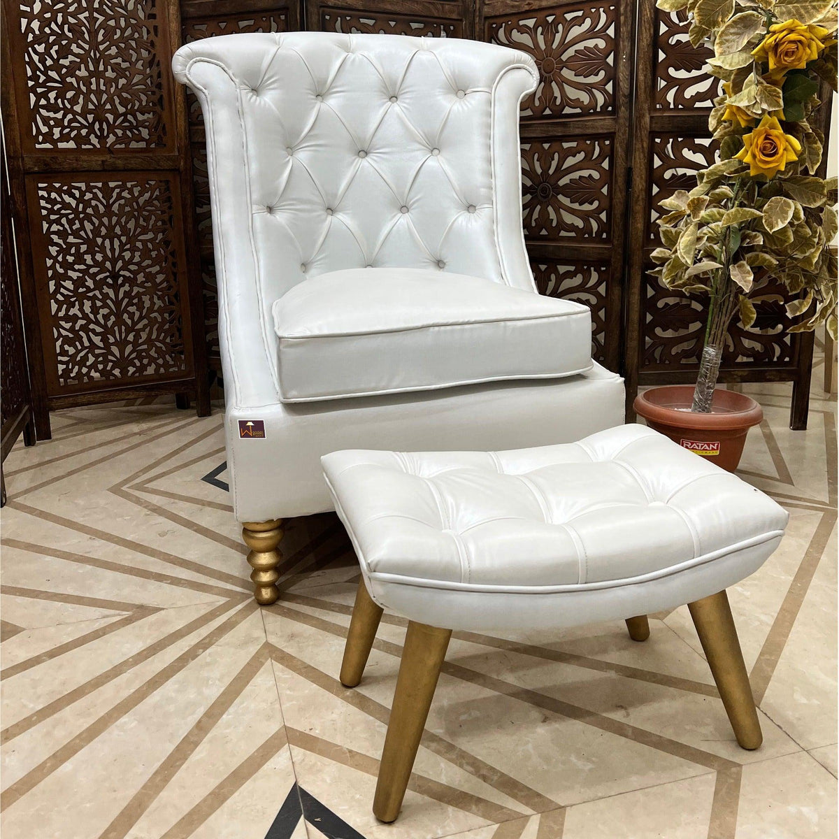 Wooden Royal Chair With footrest (Golden Legs) - WoodenTwist