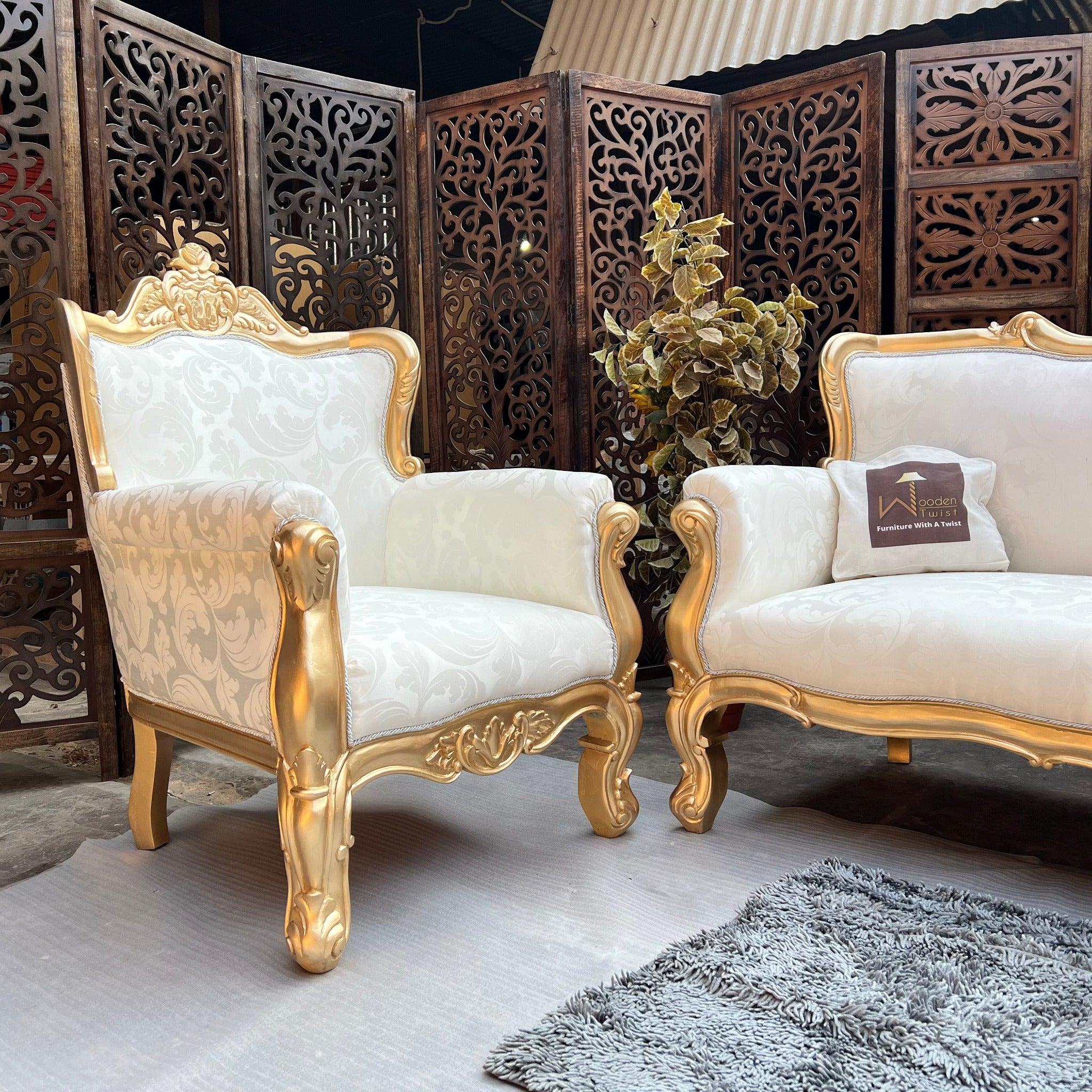 Hand Carved Teak Wood 5 Seater Sofa Set (Antique Golden Finish) - WoodenTwist