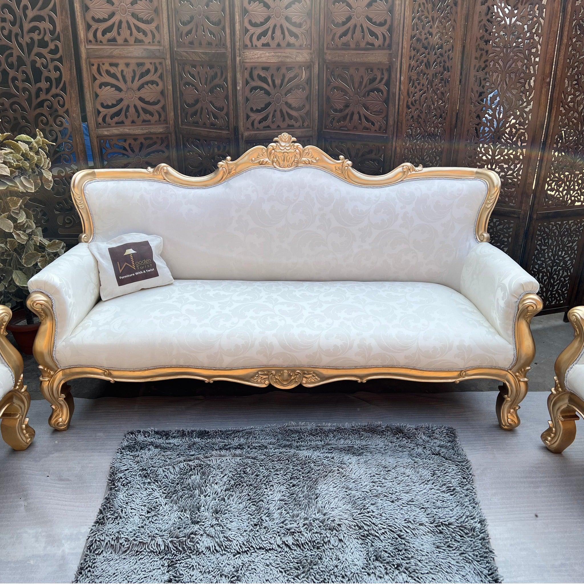 Hand Carved Teak Wood 5 Seater Sofa Set (Antique Golden Finish) - WoodenTwist