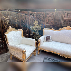 Hand Carved Teak Wood 5 Seater Sofa Set (Antique Golden Finish) - WoodenTwist