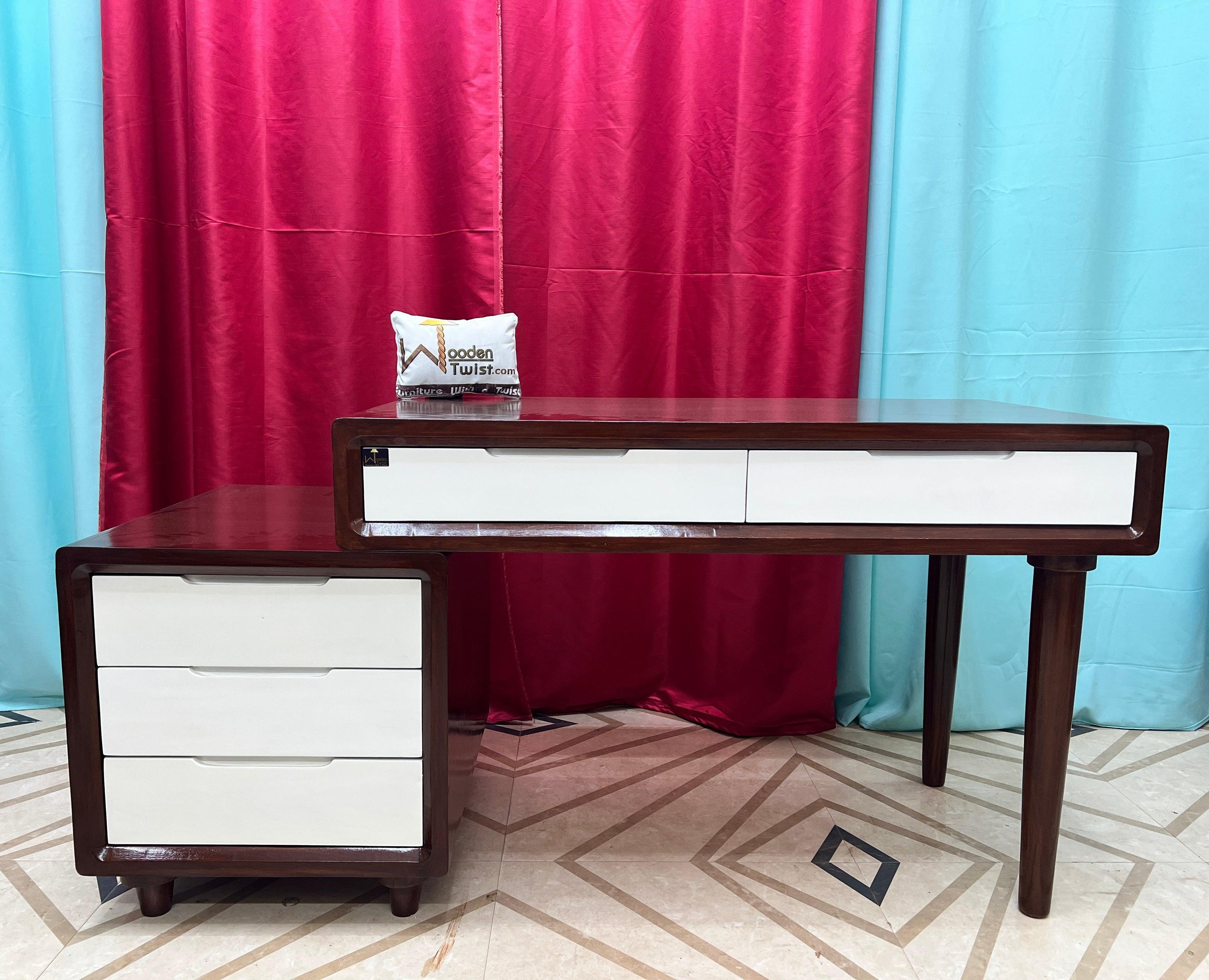 Wooden Twist Mesa Study Table with 5 Drawers Teak Wood Walnut Finish ( Brown & White ) - WoodenTwist