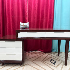 Wooden Twist Mesa Study Table with 5 Drawers Teak Wood Walnut Finish ( Brown & White ) - WoodenTwist