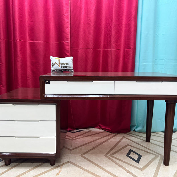Wooden Twist Mesa Study Table with 5 Drawers Teak Wood Walnut Finish ( Brown & White ) - WoodenTwist