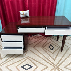 Wooden Twist Mesa Study Table with 5 Drawers Teak Wood Walnut Finish ( Brown & White ) - WoodenTwist