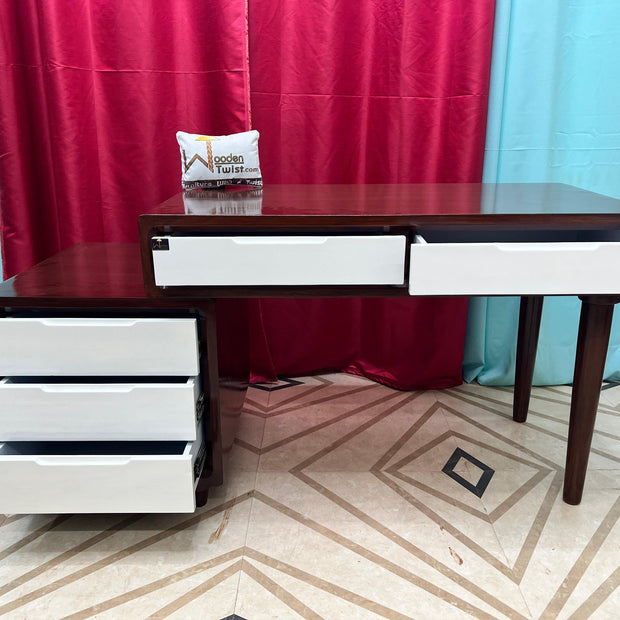 Wooden Twist Mesa Study Table with 5 Drawers Teak Wood Walnut Finish ( Brown & White ) - WoodenTwist