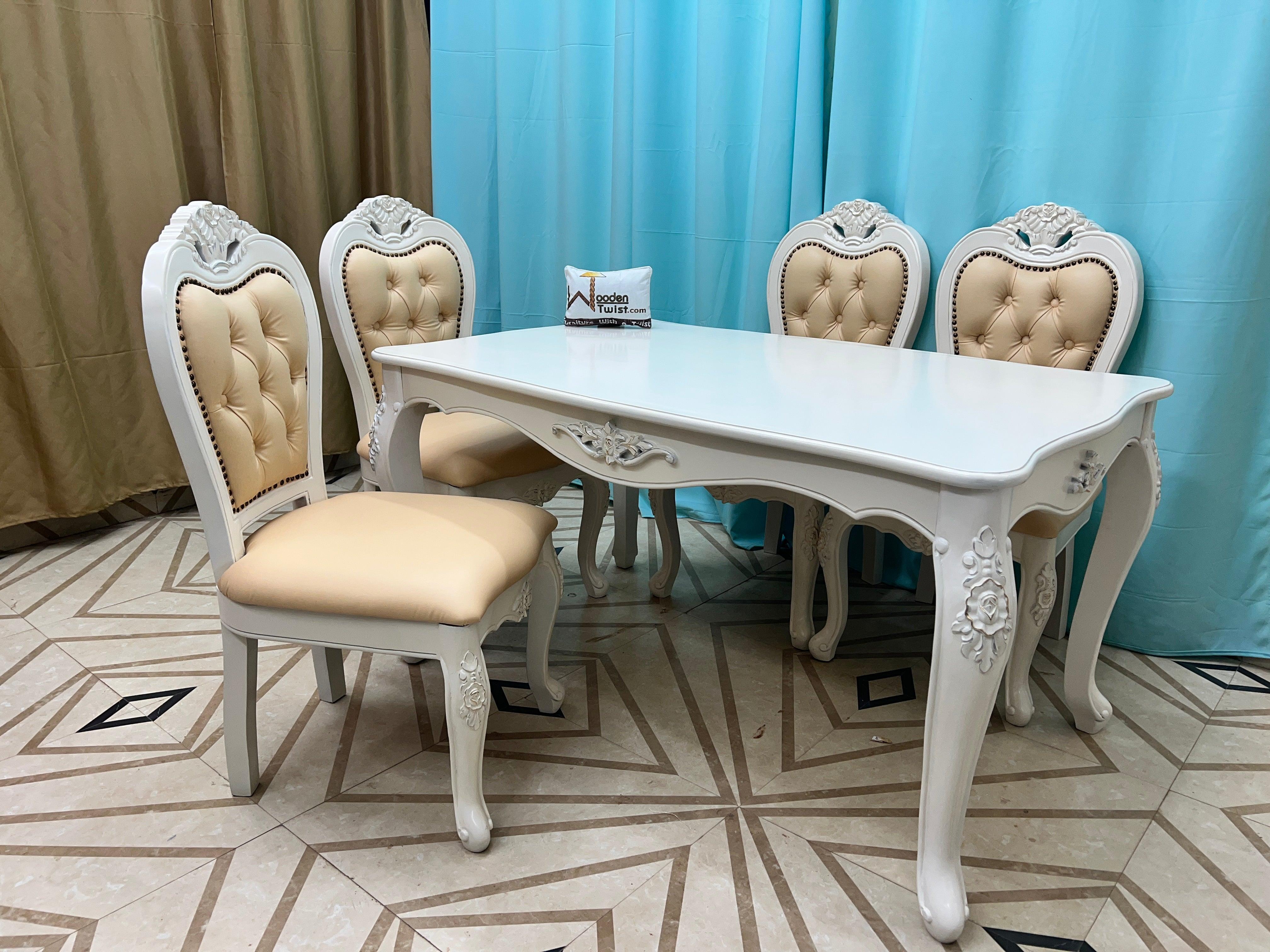 Wooden Twist Royal Look Hand Carved 4 Seater Dining Table Set ( White ) - WoodenTwist