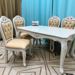 Wooden Twist Royal Look Hand Carved 4 Seater Dining Table Set ( White ) - WoodenTwist