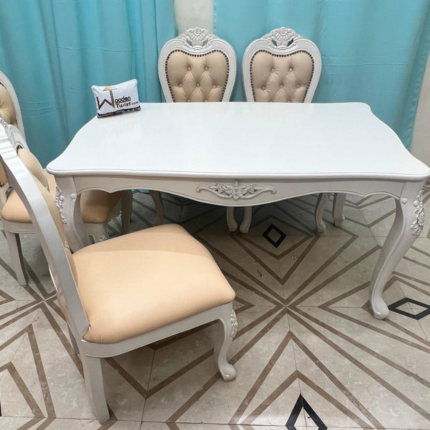 Wooden Twist Royal Look Hand Carved 4 Seater Dining Table Set ( White ) - WoodenTwist