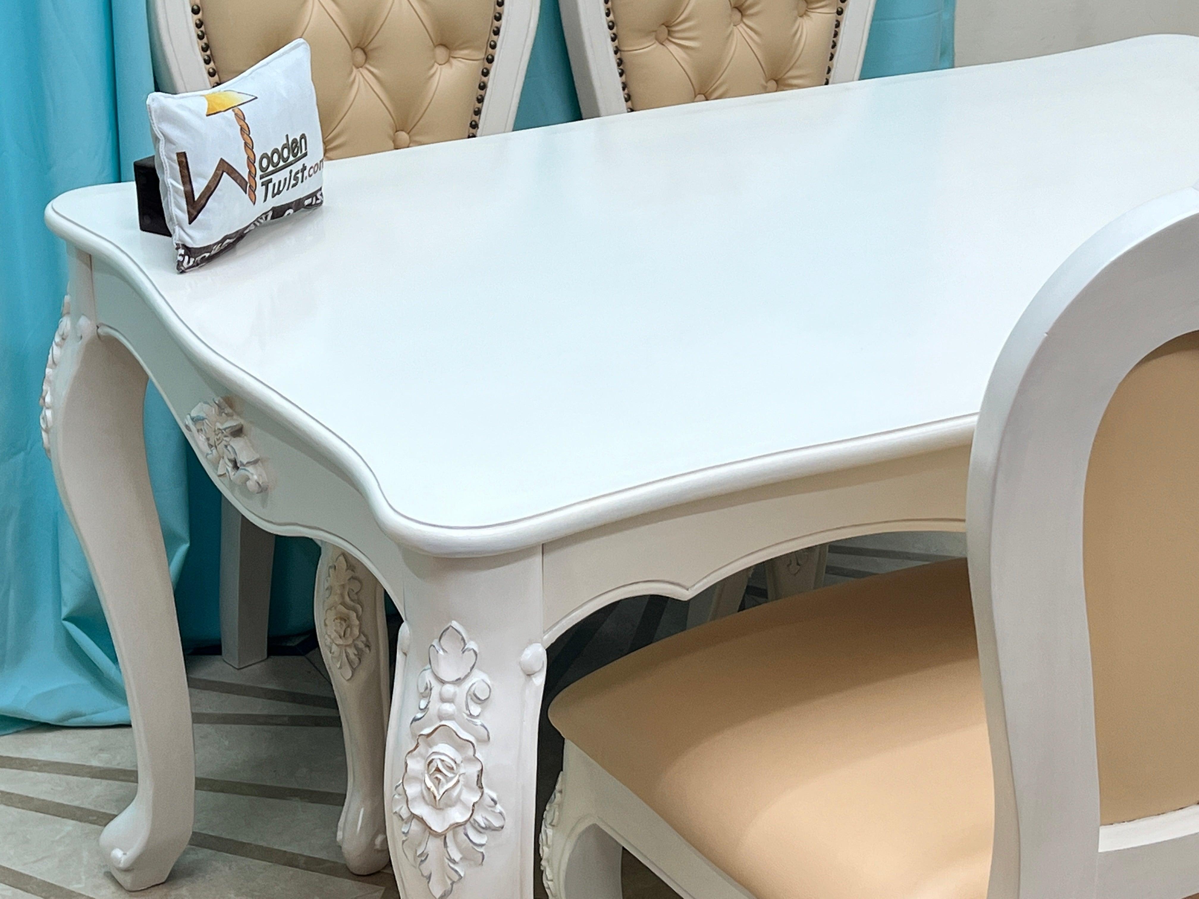 Wooden Twist Royal Look Hand Carved 4 Seater Dining Table Set ( White ) - WoodenTwist