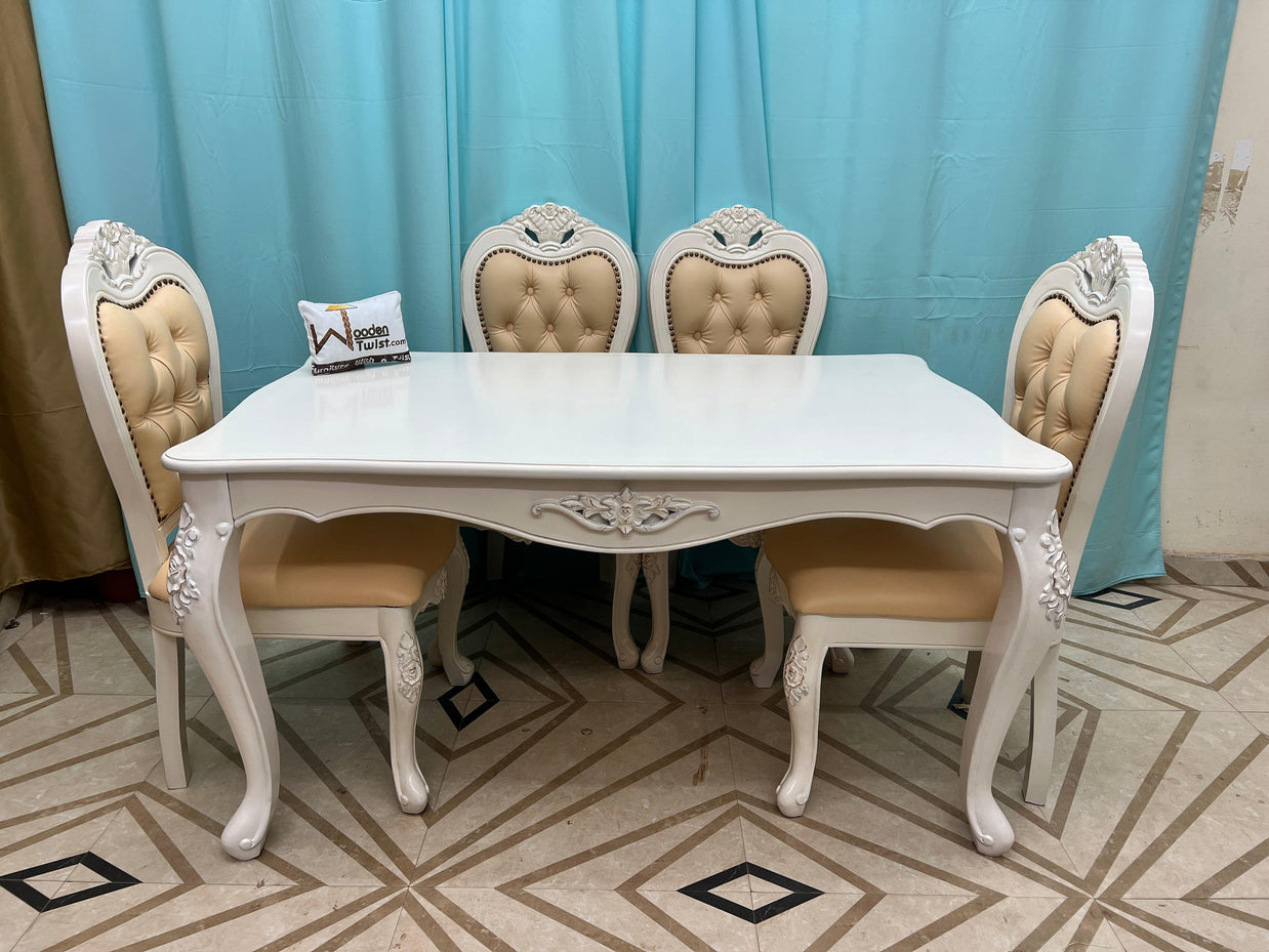 Wooden Twist Royal Look Hand Carved 4 Seater Dining Table Set ( White ) - WoodenTwist