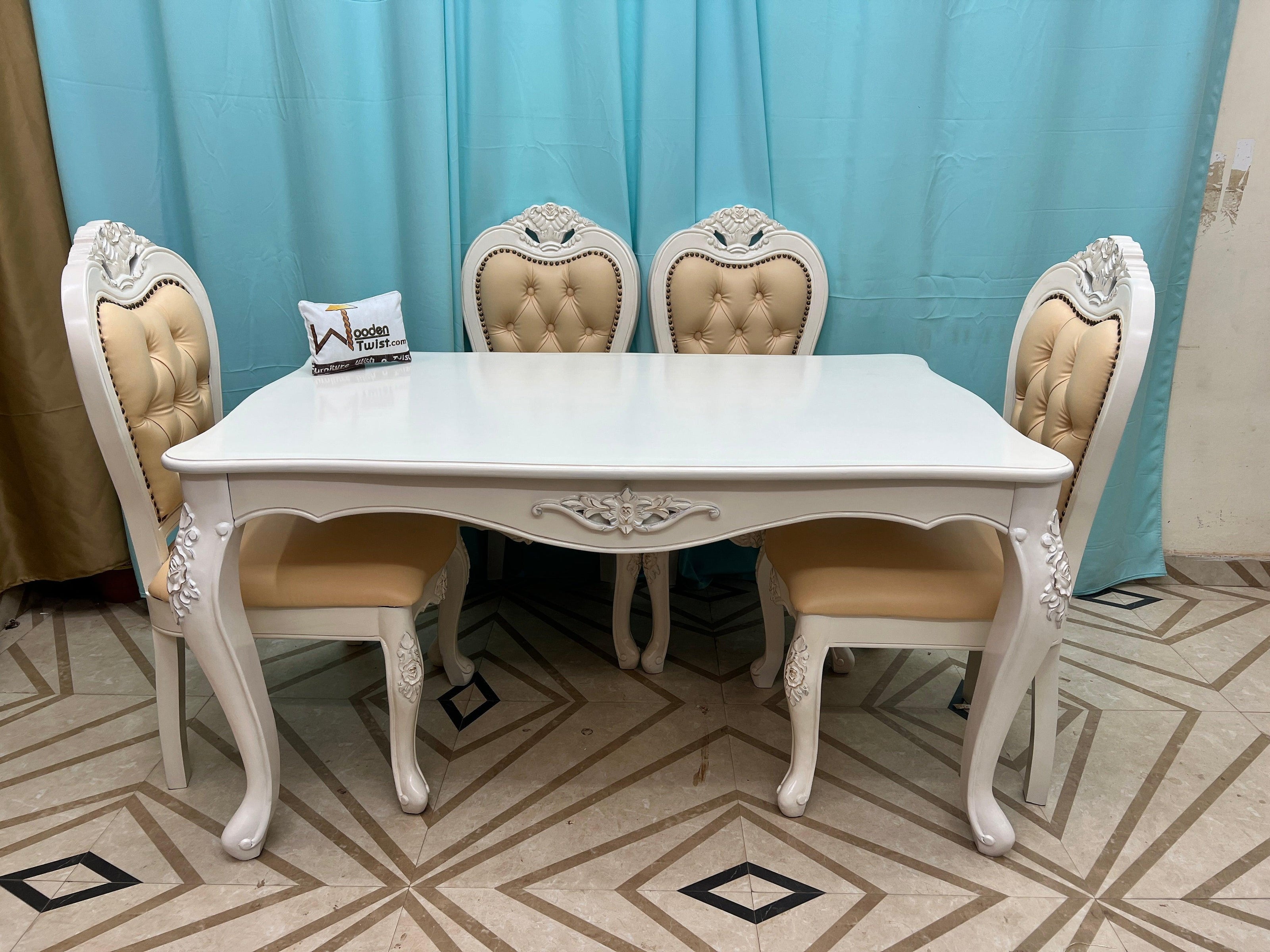 Wooden Twist Royal Look Hand Carved 4 Seater Dining Table Set ( White ) - WoodenTwist