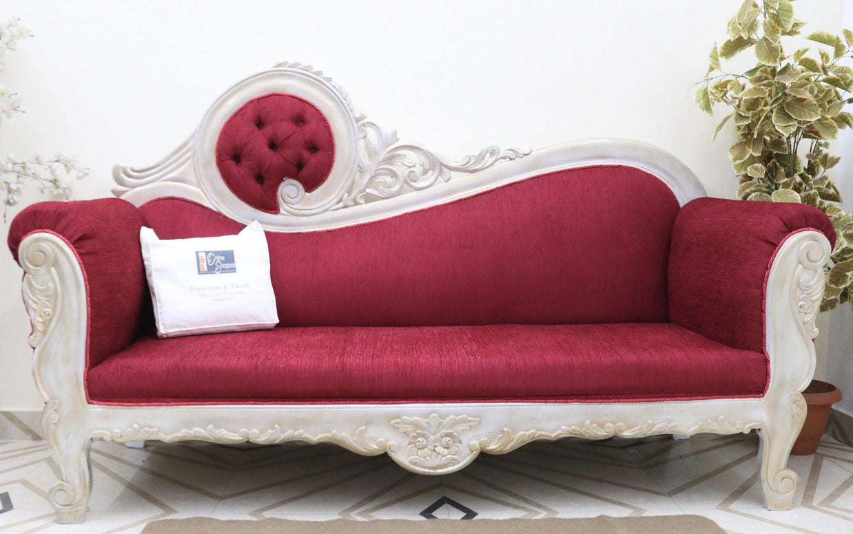 Victorian Style Teak Wood Sofa Couch - carved armrest detail