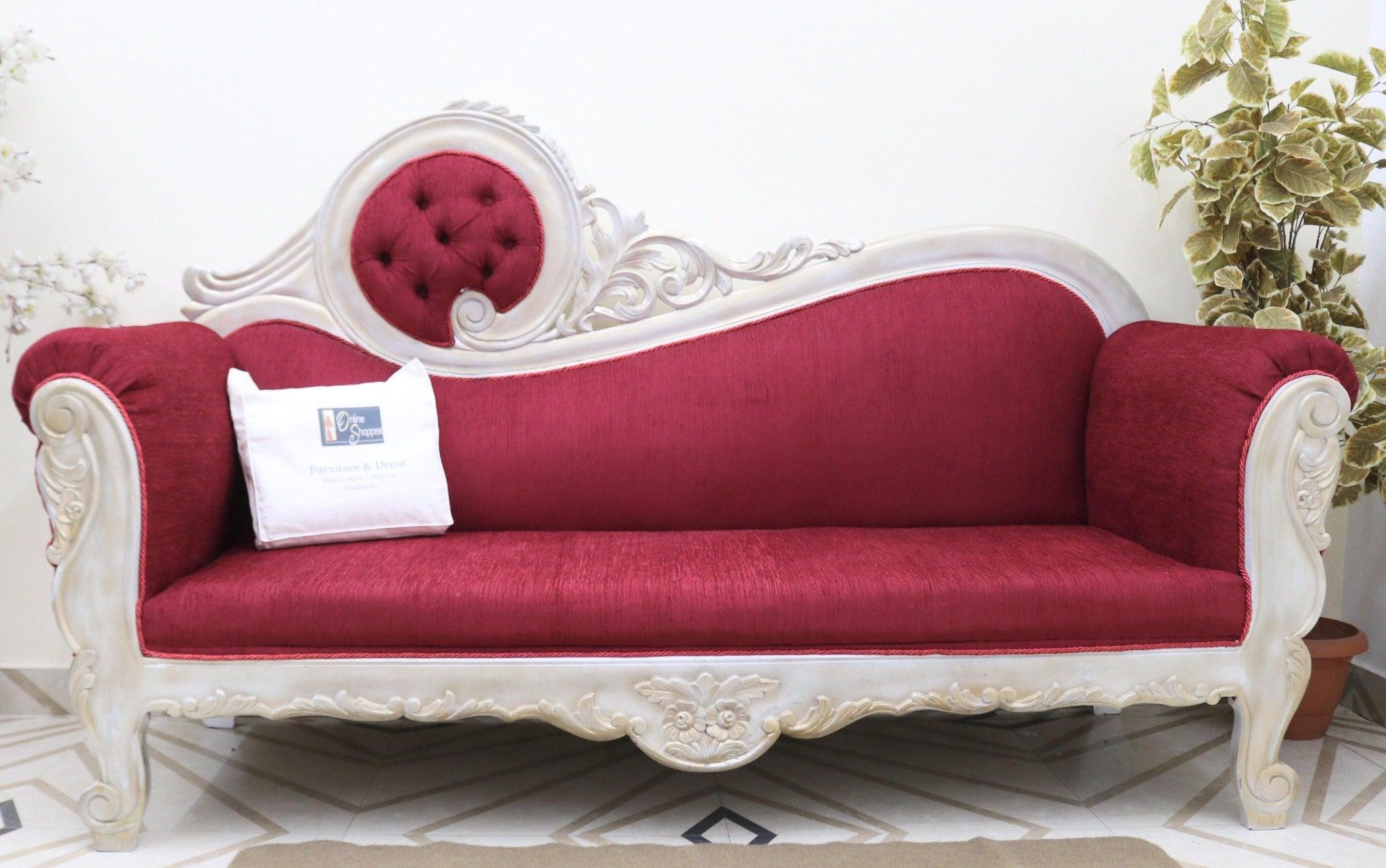 Victorian Style Teak Wood Sofa Couch - carved armrest detail
