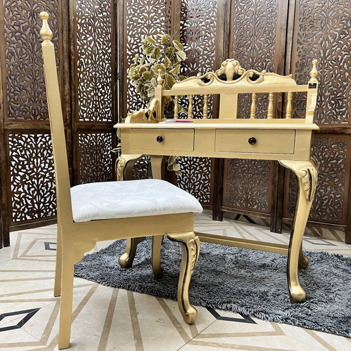 Royal Gold Carved Teak Wood Study Table with Chair - WoodenTwist
