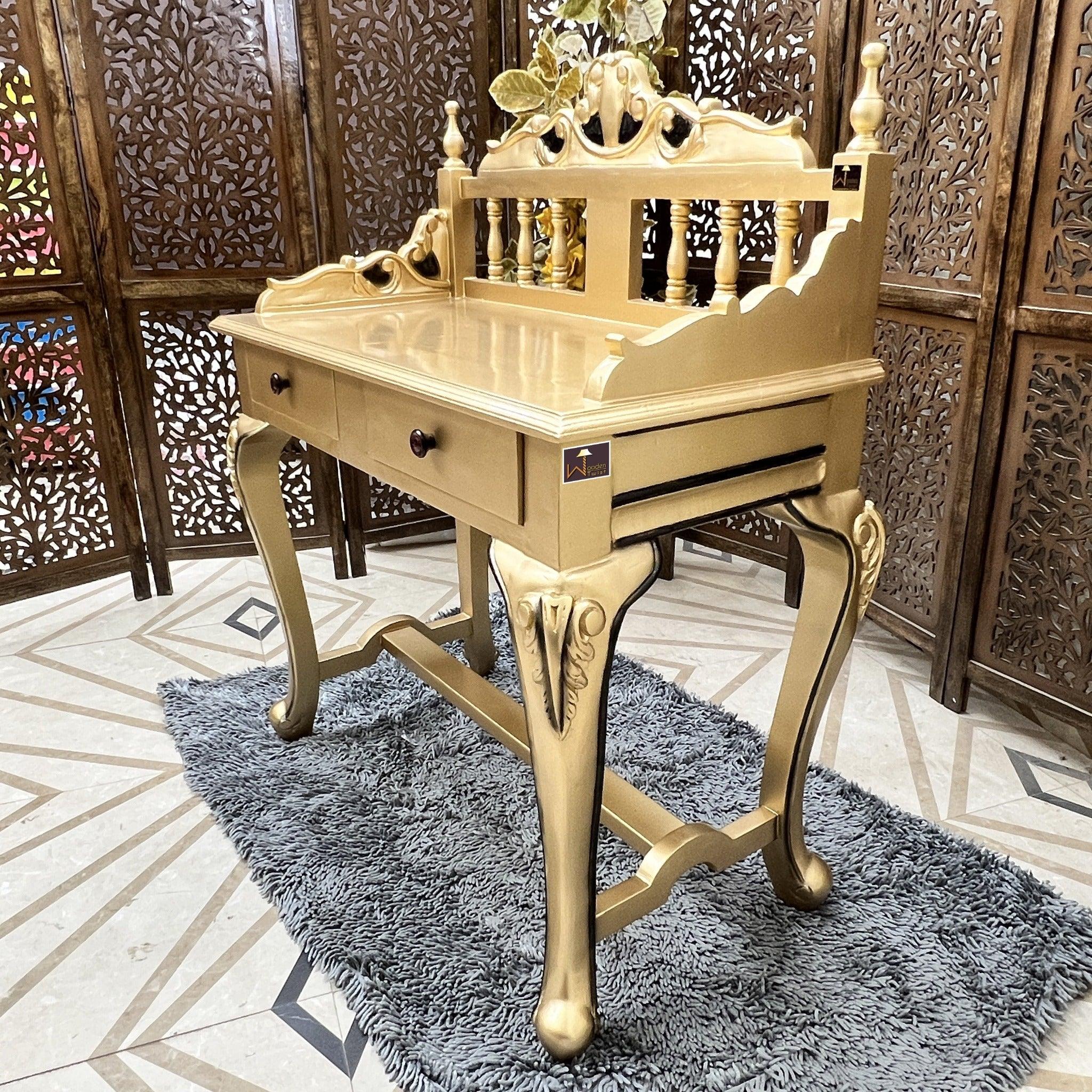 Royal Gold Carved Teak Wood Study Table with Chair - WoodenTwist